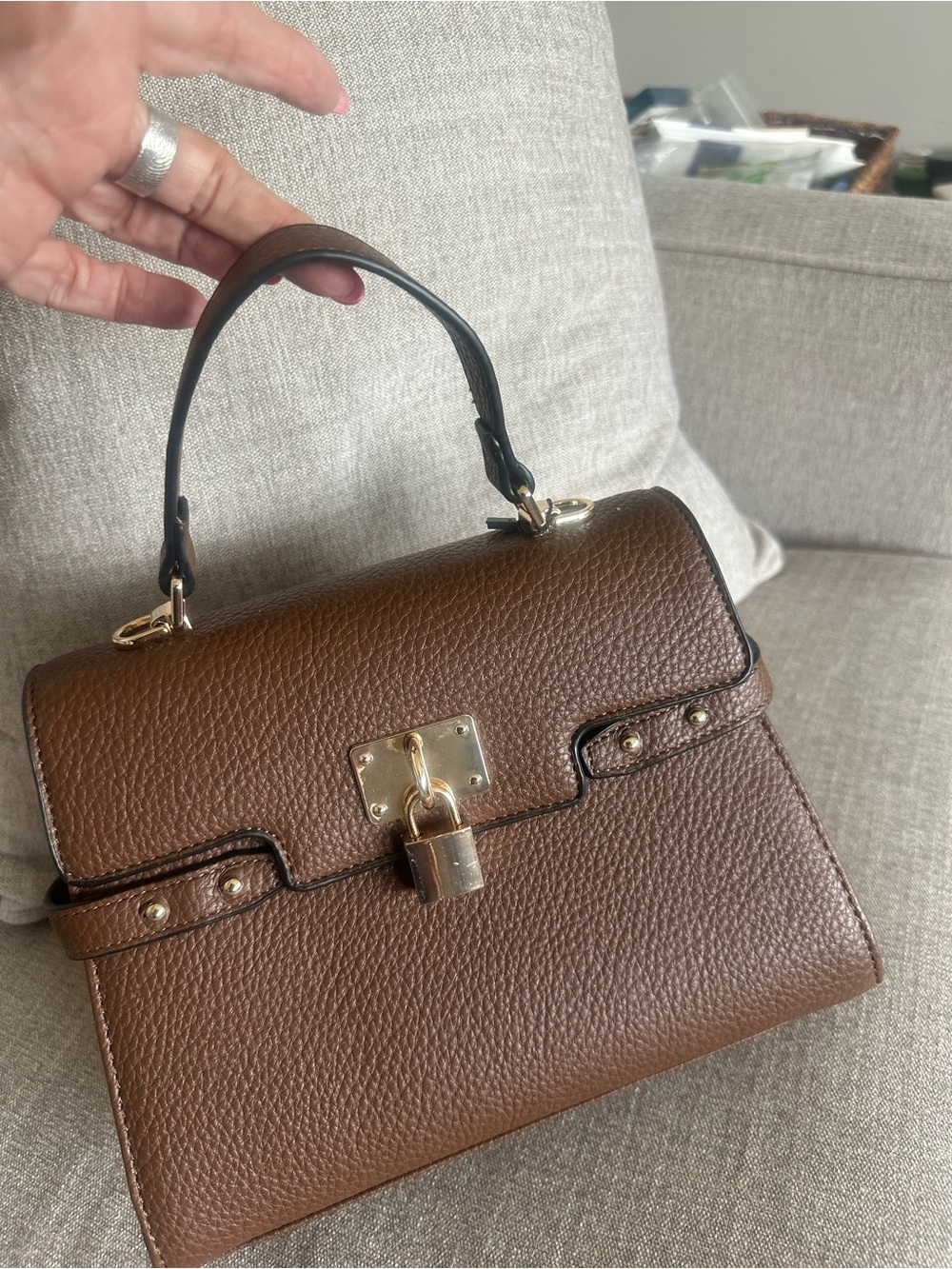 Structured Brown Pebbled Leather Top-Handle Satchel with Gold Padlock